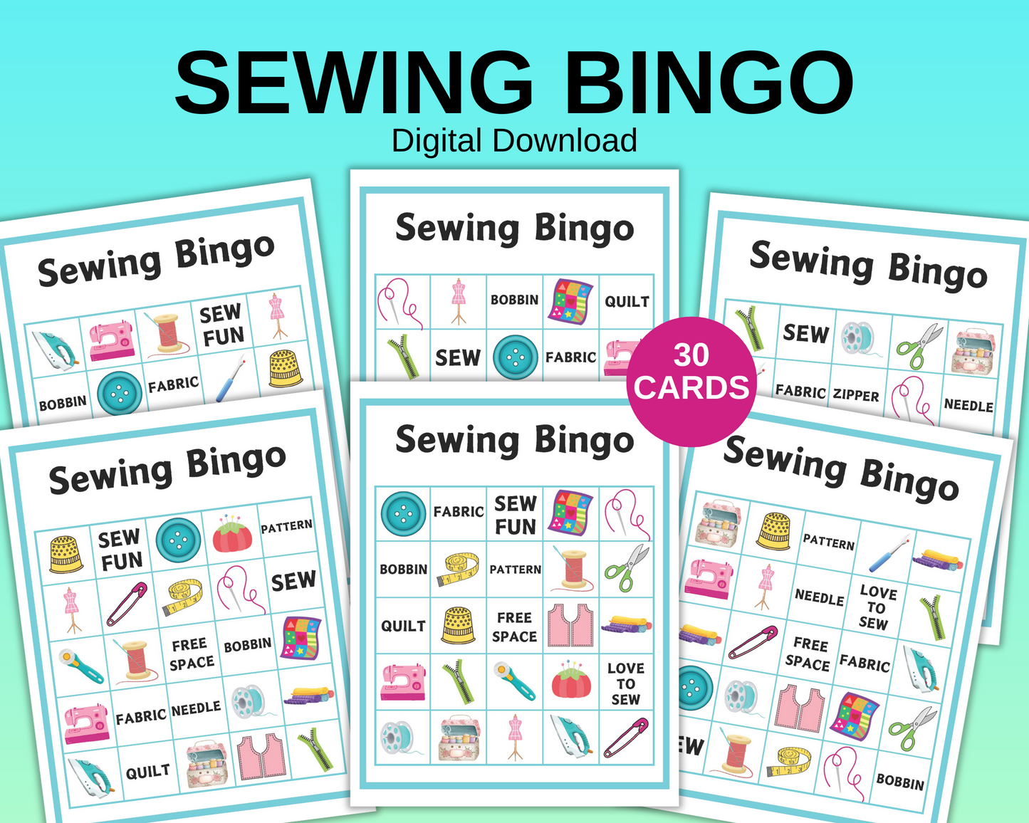 Sewing Bingo Game / 30 Sewing Printable Bingo Cards / Printable Bingo Game / Sewing Printable / Bingo Game / Sewing Game / Instant Download