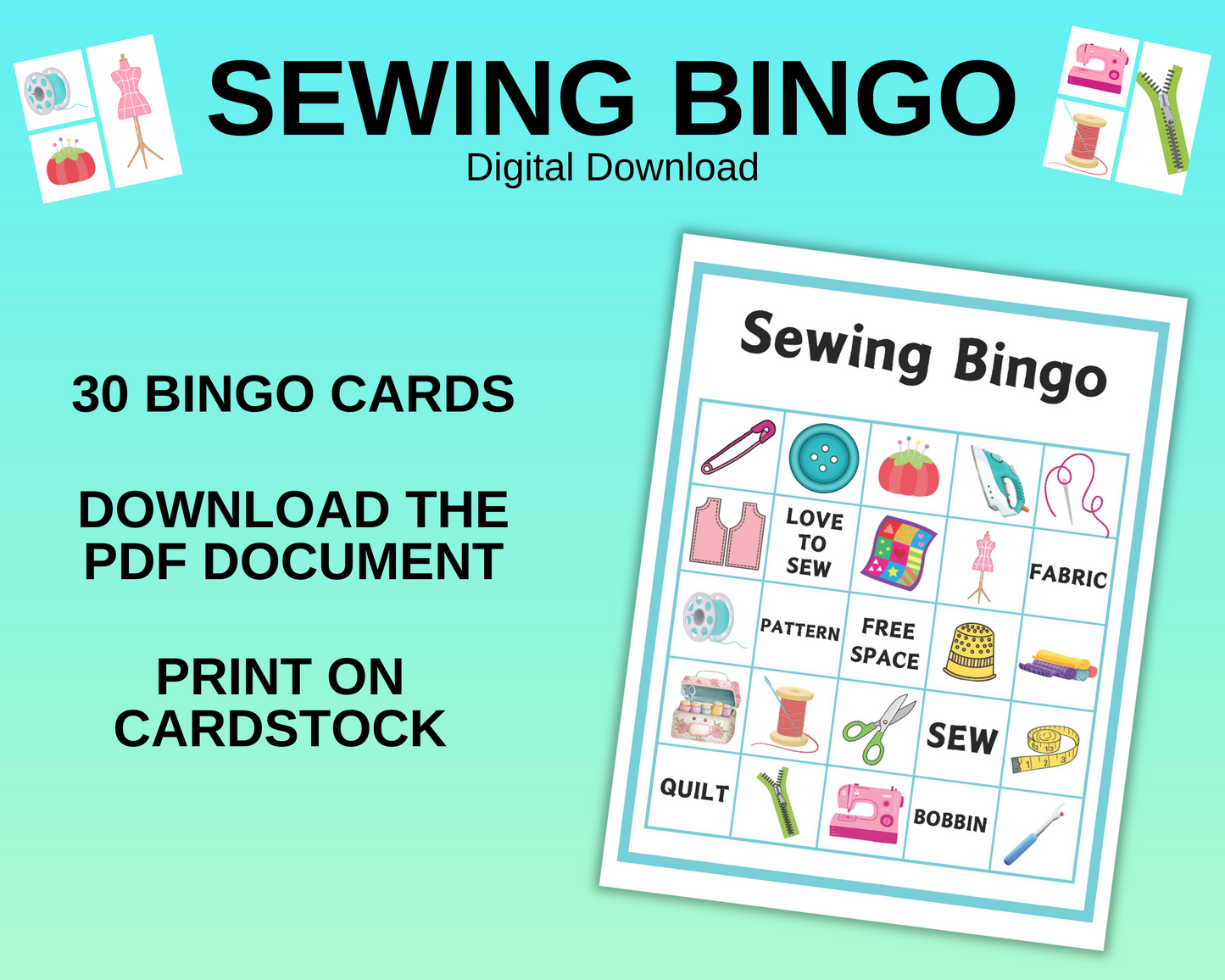 Sewing Bingo Game / 30 Sewing Printable Bingo Cards / Printable Bingo Game / Sewing Printable / Bingo Game / Sewing Game / Instant Download