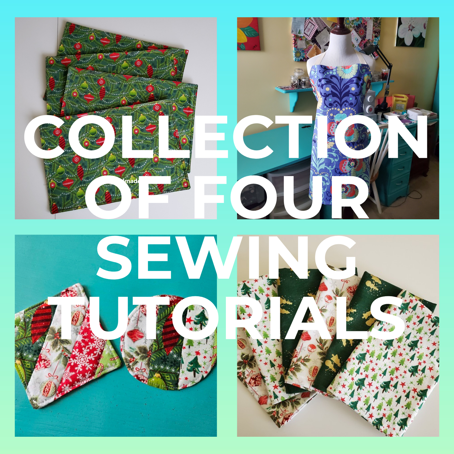 Collection of Four Sewing Tutorials - Coasters, Placemats, Fabric Napkins, Full-Size Apron Printable Downloadable PDF Pages